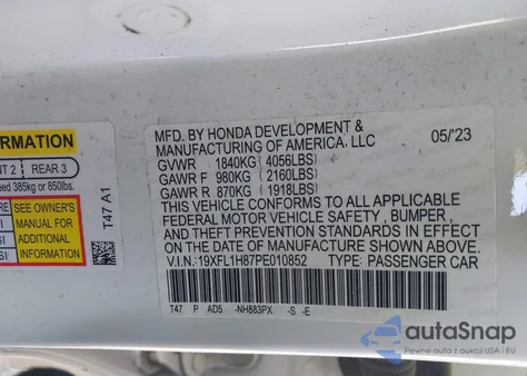 2023 Honda Civic Sport Touring from USA, damaged, VIN 19XFL1H87PE010852